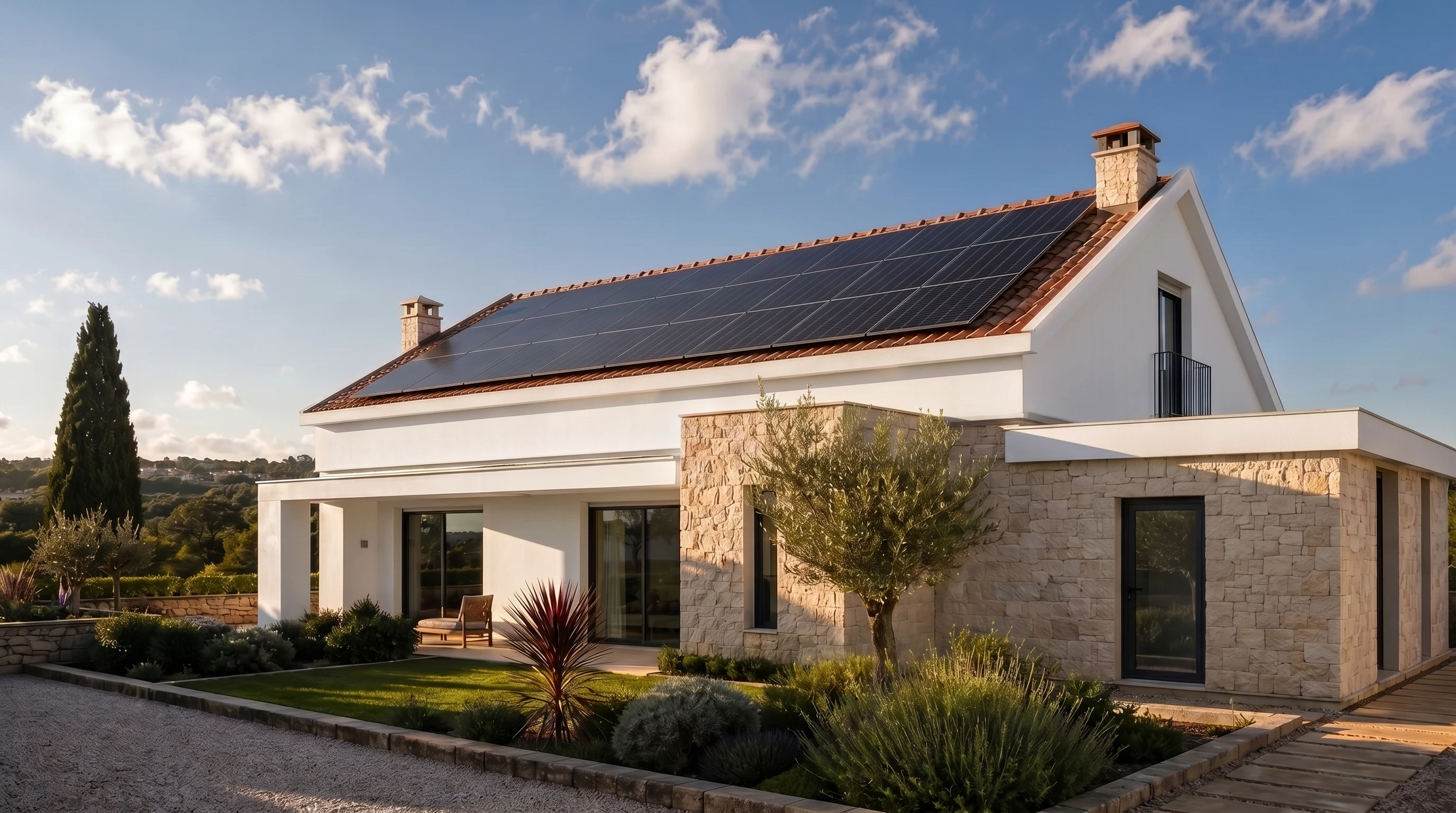 Casa portuguesa com painéis solares num ambiente luminoso